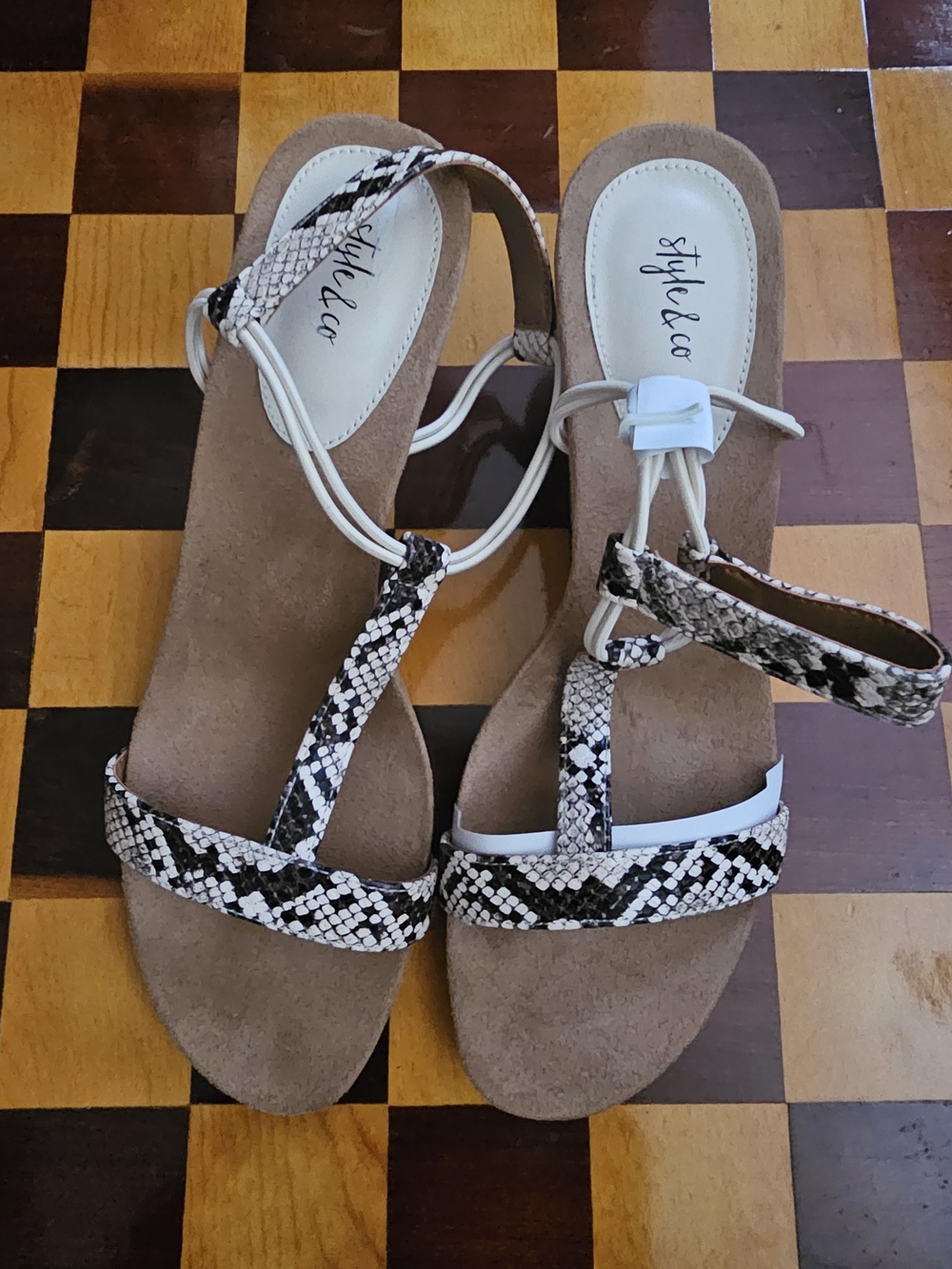 Style & Co. Snake-Print T-Strap Sandals in White and Brown